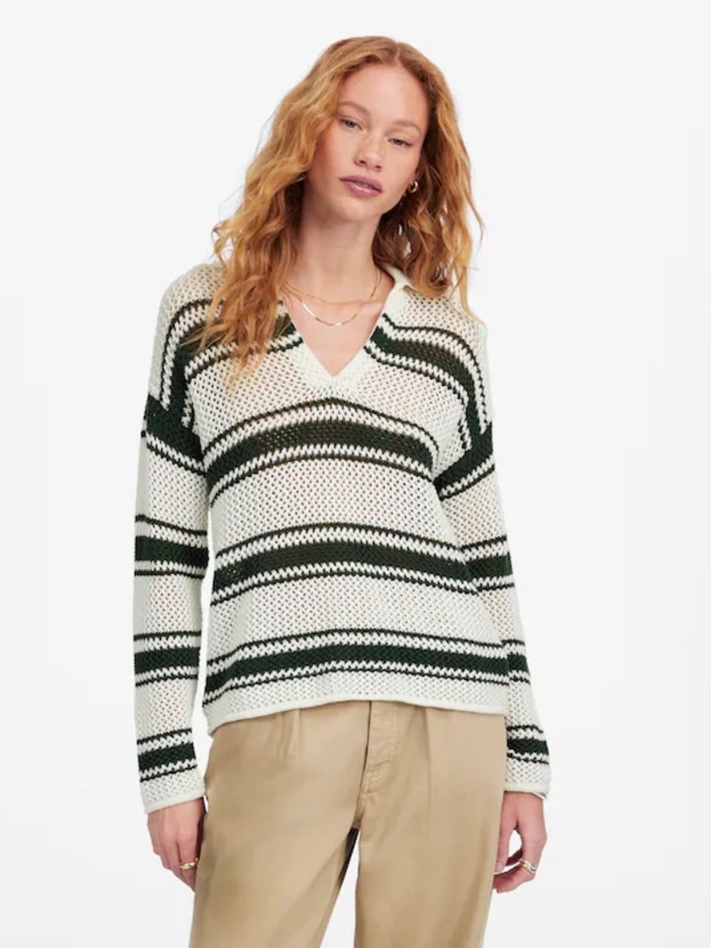 Madewell Open-Stitch Johnny Collar Knit Sweater Summit Green Stripe XS